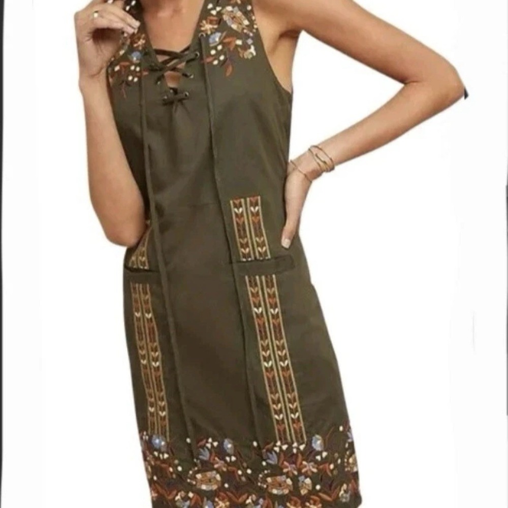 Anthropologie Boho Seen Worn Kept Avis Olive Shift Dress XL Embroidery Cottage